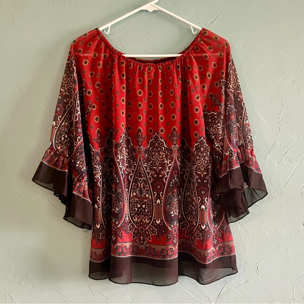 R Rouge Vintage Boho Red Paisley Off-Shoulder Bell Sleeve Top